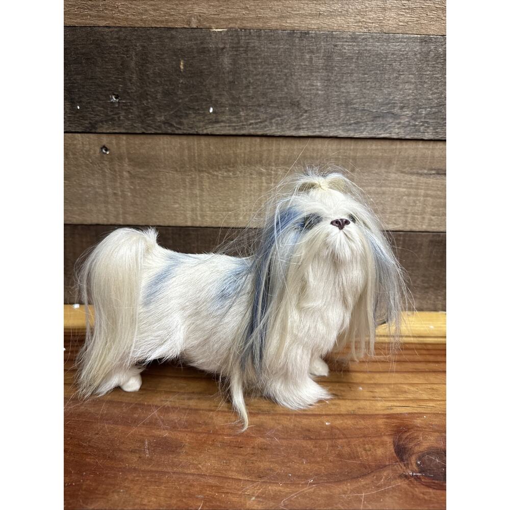 Realistic Real Fur Shih Tzu or Lhasa Apso Dog With Blue Hair 7” Tall
